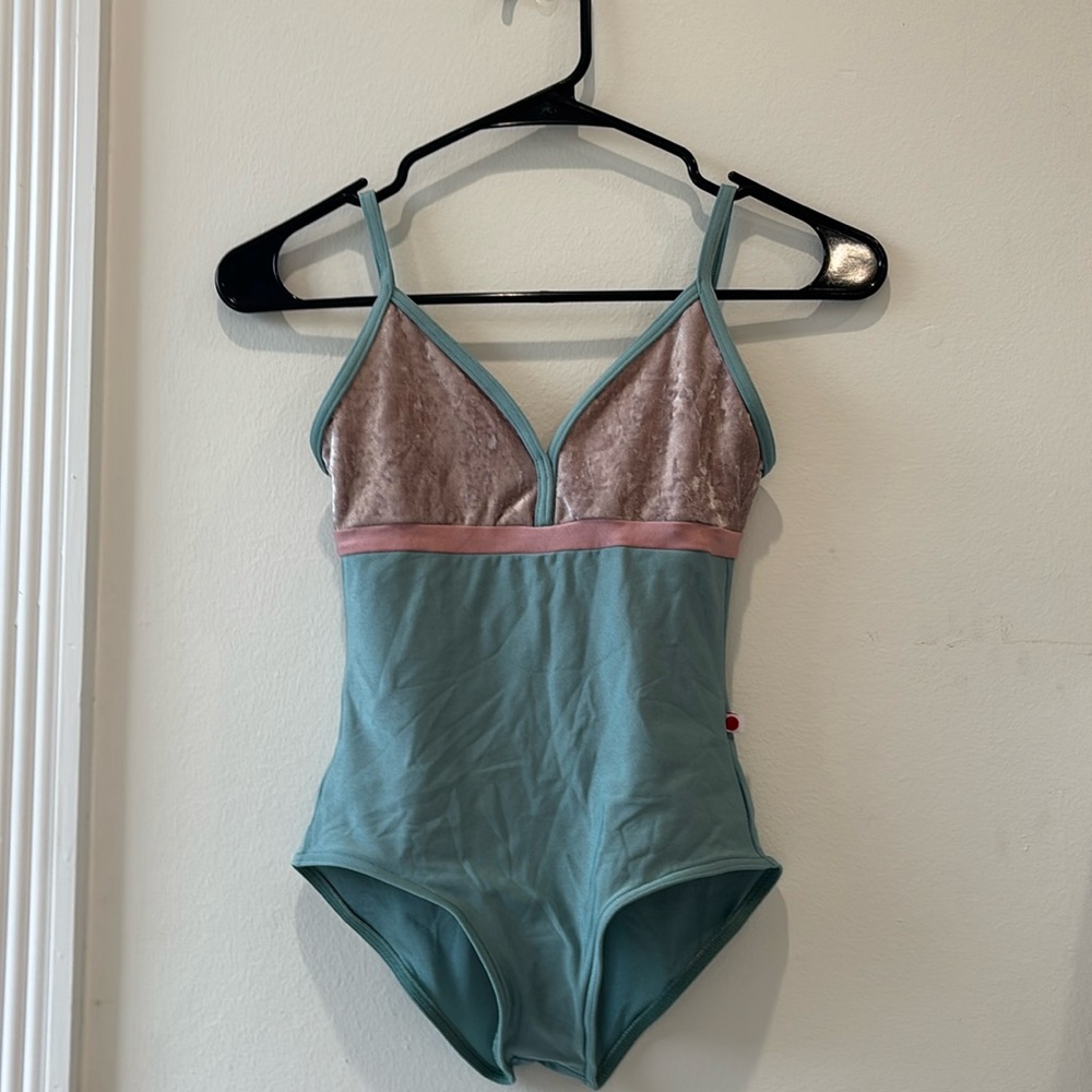 yumiko green and pink velvet and nylon leotard